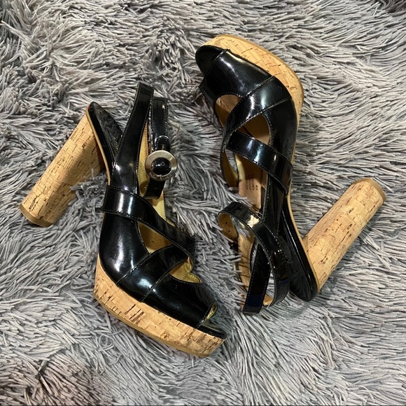 Black Michael Kors Cork Heel Open Toe - Picture 1 of 6